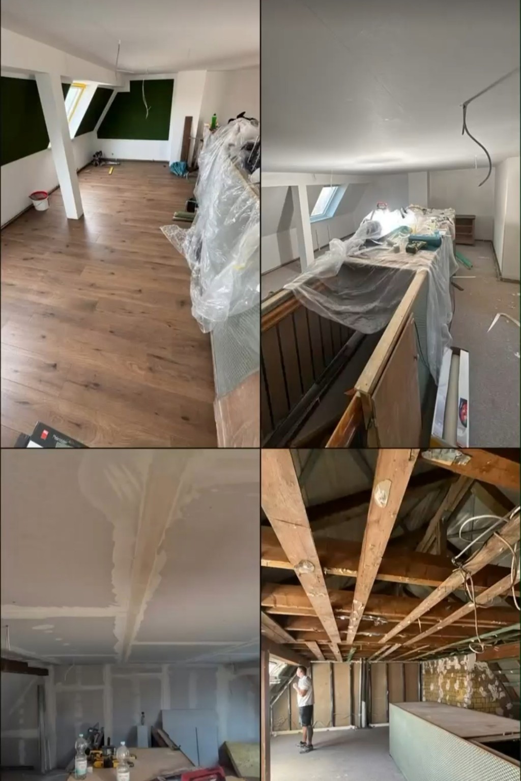 Fotocollage mit verschiedenen Arbeitsständen im Dachgeschoss